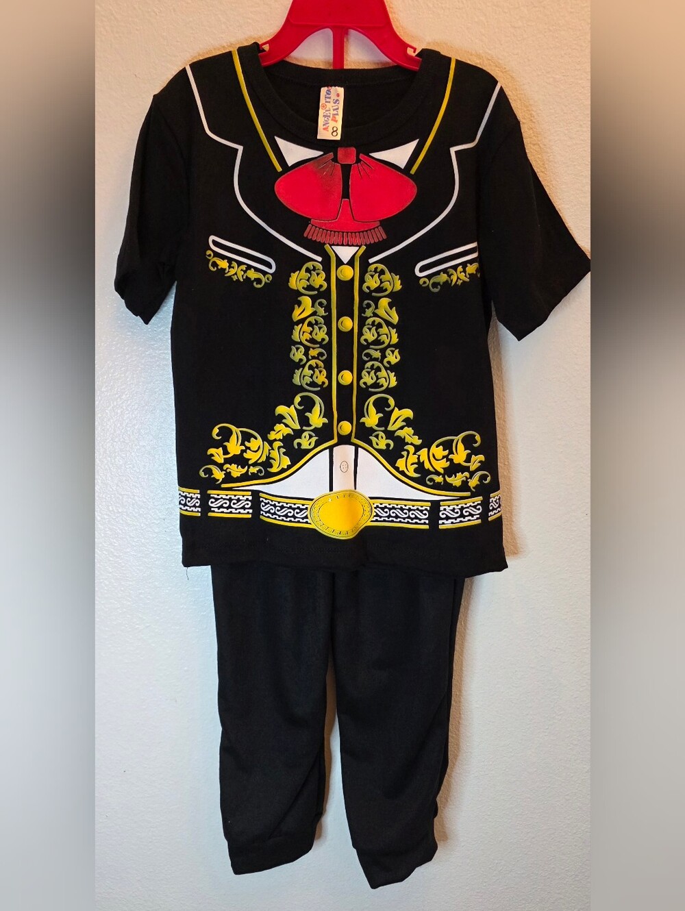 Kids Black Mariachi-Themed Costume Set with Yellow Trim and Red Bow Size 8